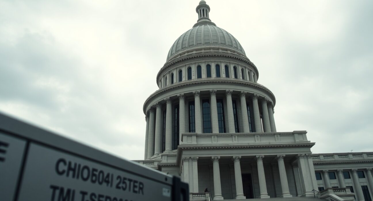 Government building with AI server hardware in foreground symbolizing AI regulation