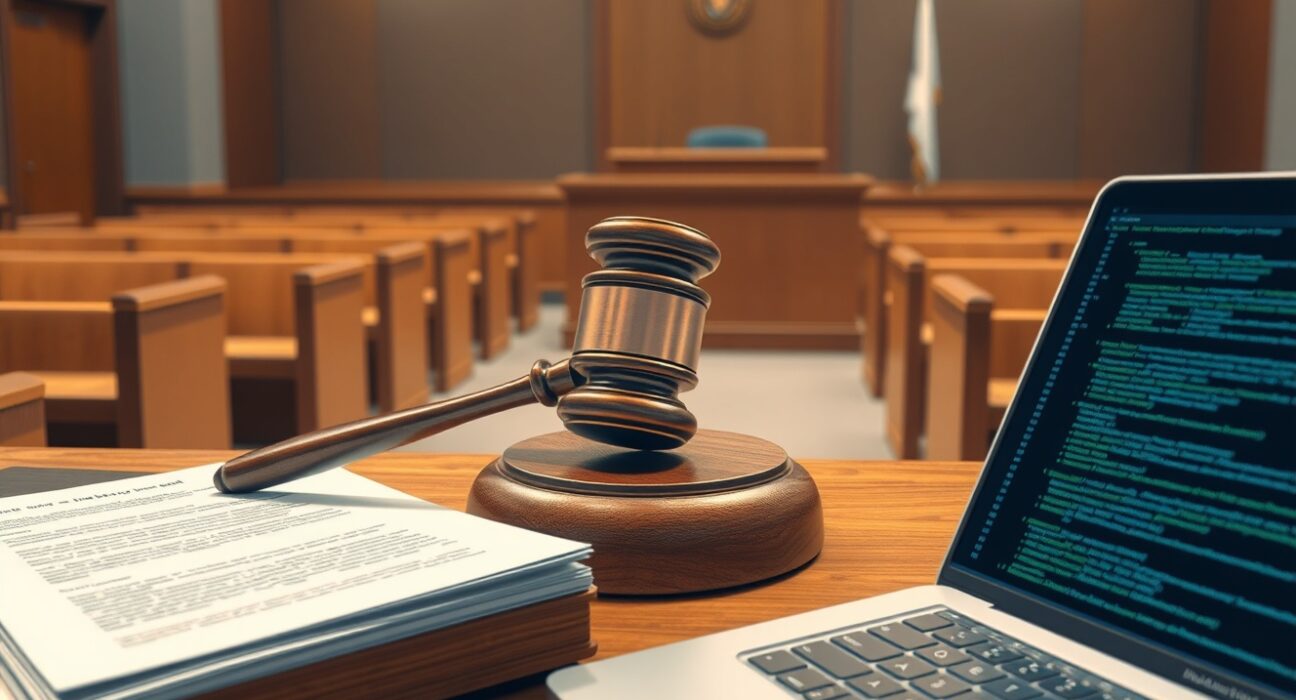 Gavel and legal documents in a courtroom, representing the OpenAI-Apple trade secrets lawsuit.