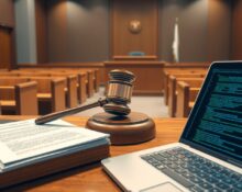 Gavel and legal documents in a courtroom, representing the OpenAI-Apple trade secrets lawsuit.