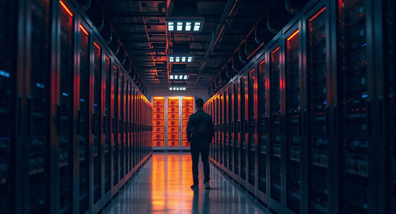 Data center corridor with server racks and a distant human silhouette
