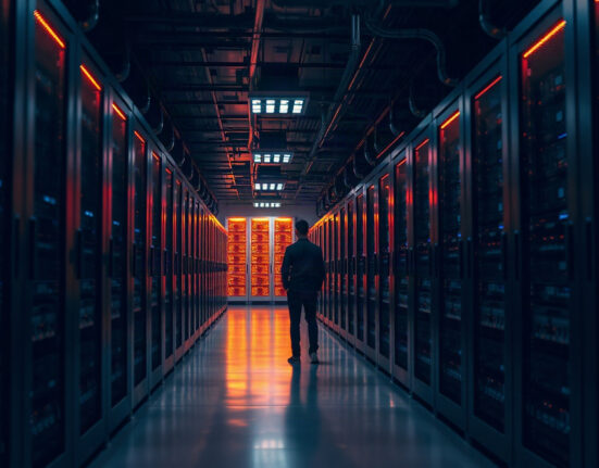 Data center corridor with server racks and a distant human silhouette