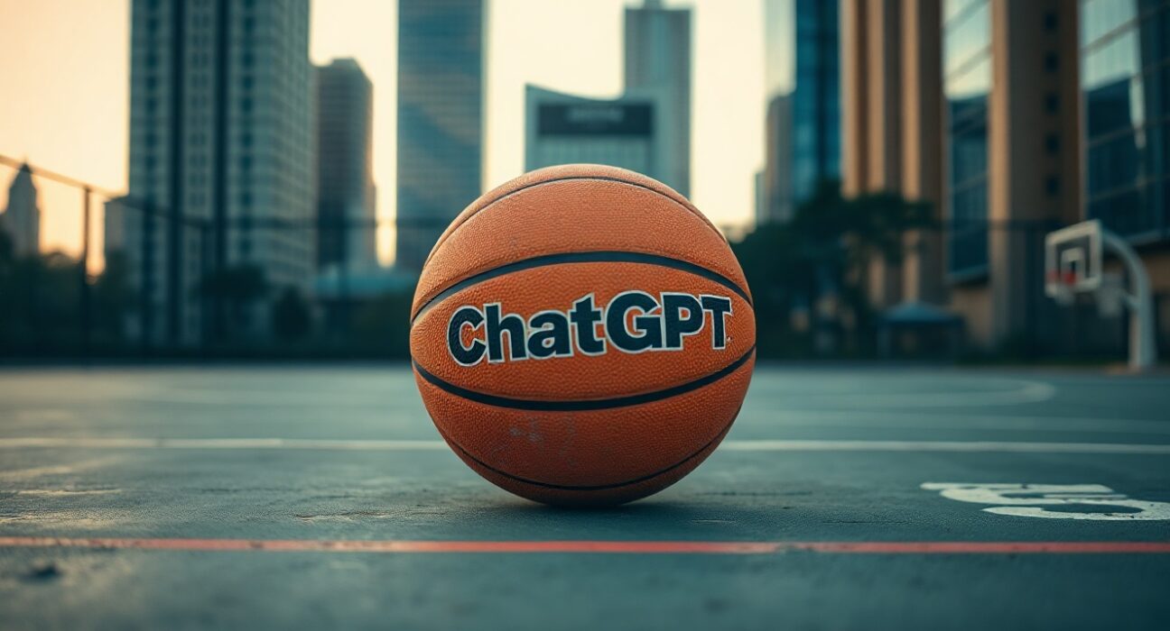 ChatGPT basketball on an outdoor court, symbolizing OpenAI's merchandise push.