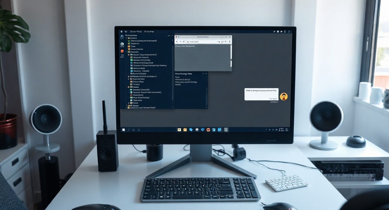 Linux desktop computer with ChatGPT interface on monitor in a home office