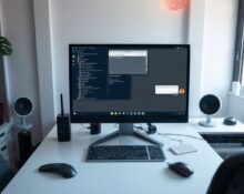 Linux desktop computer with ChatGPT interface on monitor in a home office