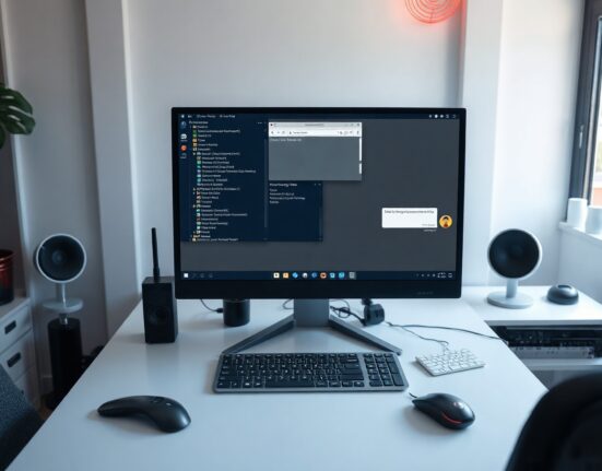 Linux desktop computer with ChatGPT interface on monitor in a home office