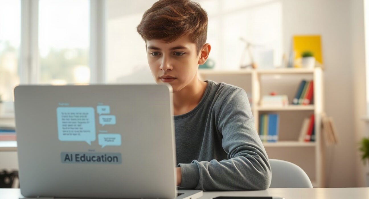 Teenager using ChatGPT on a laptop in a bright study space, representing the new teen-focused AI safety features.