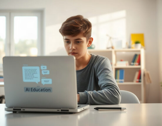 Teenager using ChatGPT on a laptop in a bright study space, representing the new teen-focused AI safety features.