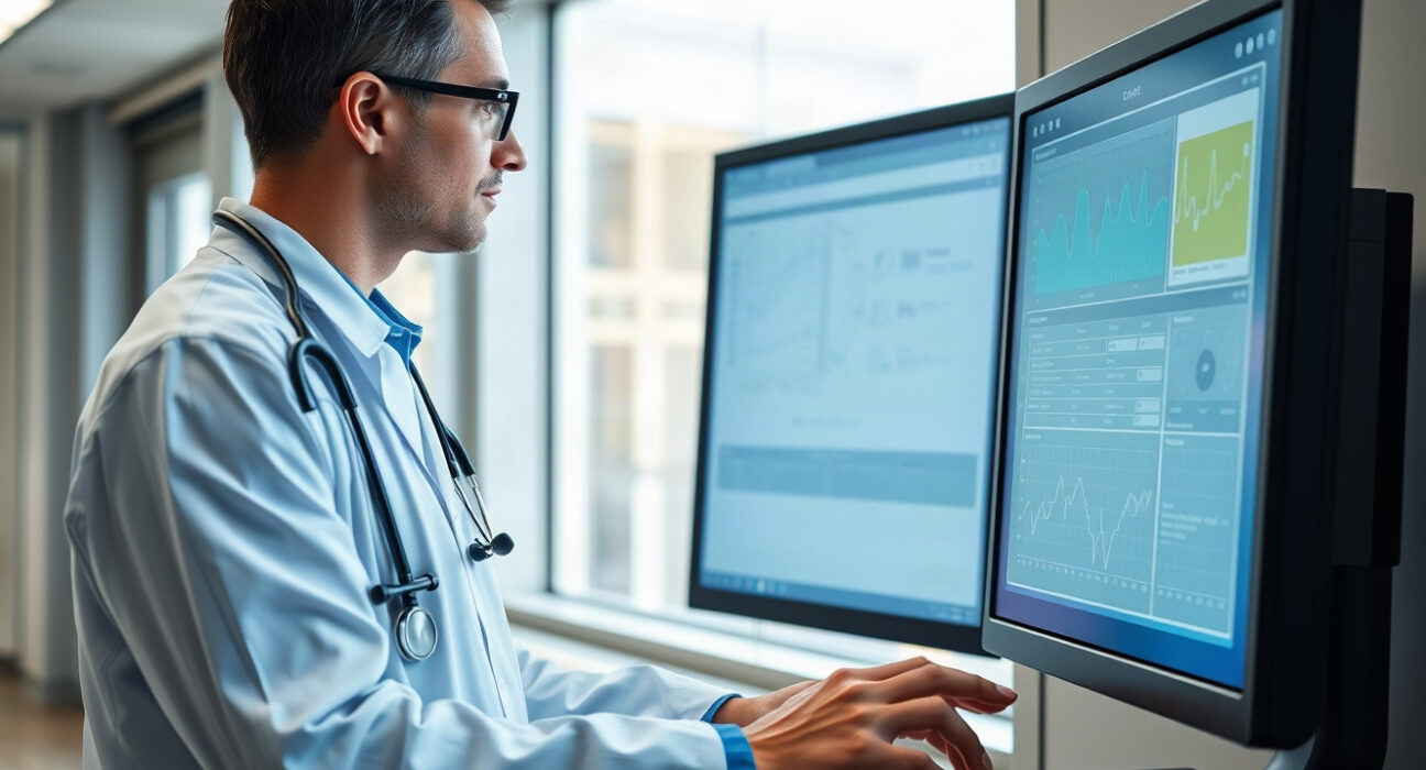 Clinician reviewing patient data on a monitor in a hospital setting