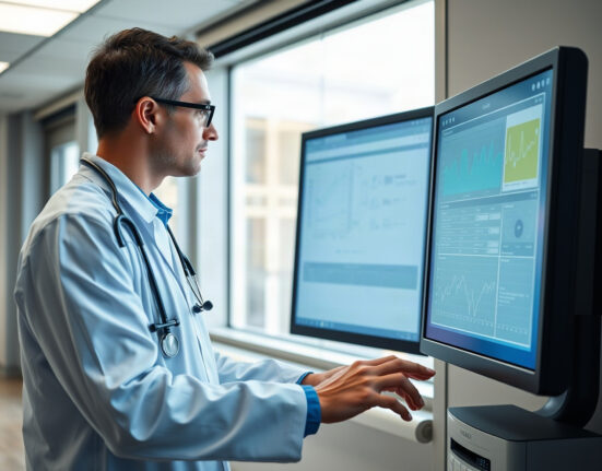 Clinician reviewing patient data on a monitor in a hospital setting