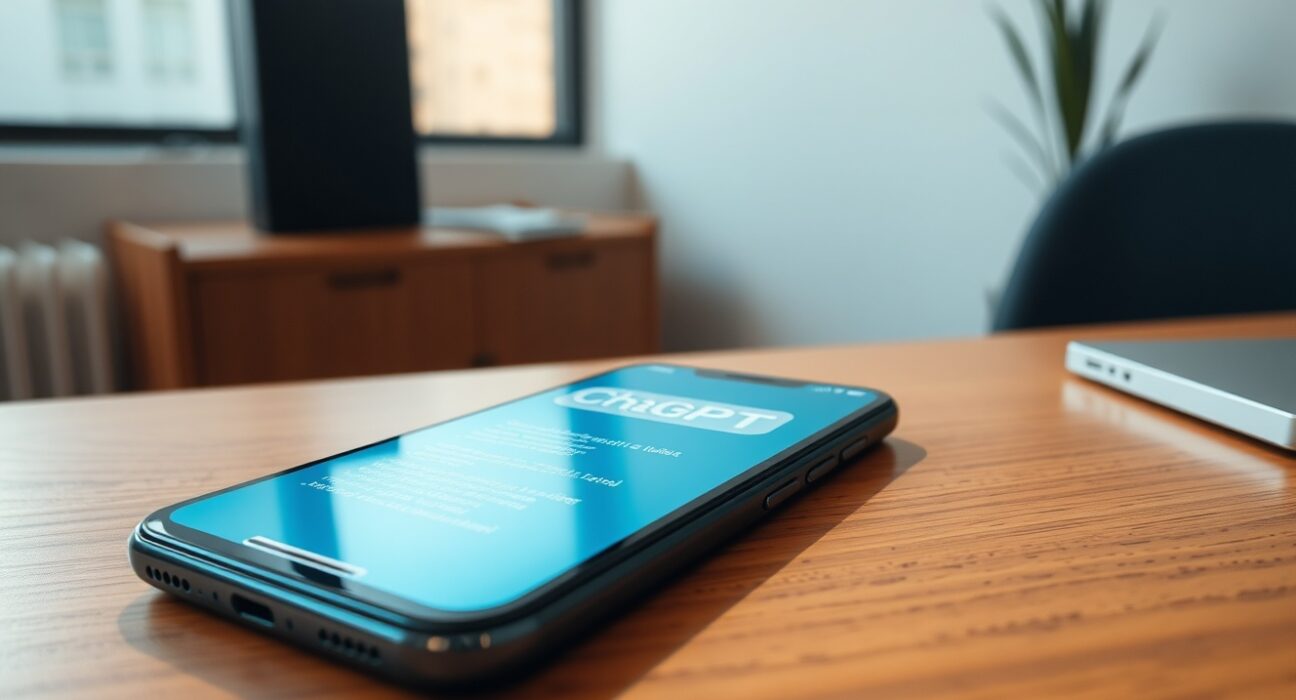 Smartphone displaying ChatGPT interface with coding and AI agent features on a desk