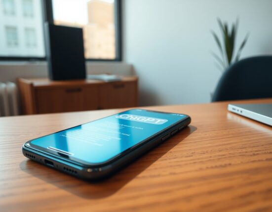 Smartphone displaying ChatGPT interface with coding and AI agent features on a desk