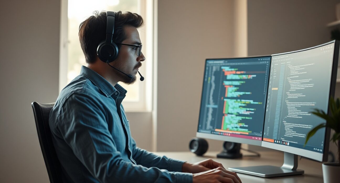 A professional user speaking into a headset while interacting with the ChatGPT desktop app showing voice controls and code windows.