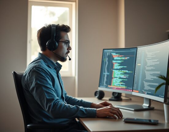 A professional user speaking into a headset while interacting with the ChatGPT desktop app showing voice controls and code windows.
