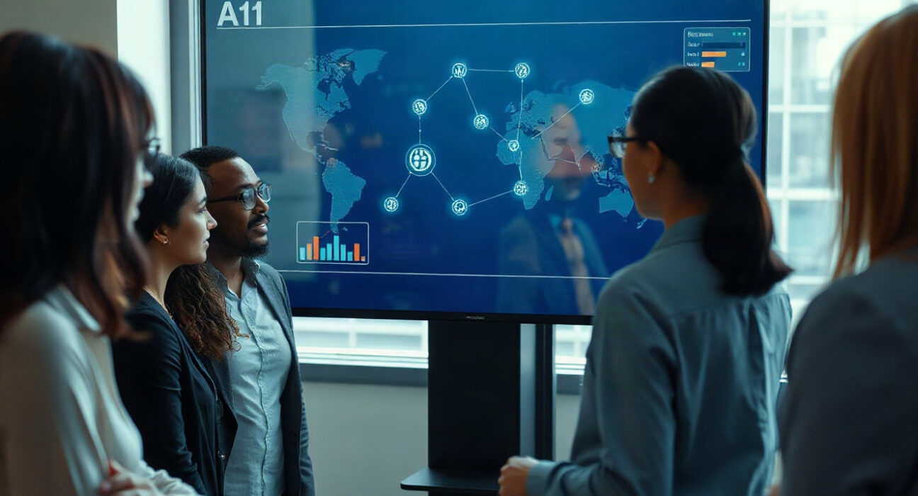 Professionals reviewing an AI agent interface on a large screen in a modern office.