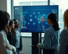 Professionals reviewing an AI agent interface on a large screen in a modern office.