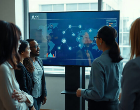 Professionals reviewing an AI agent interface on a large screen in a modern office.