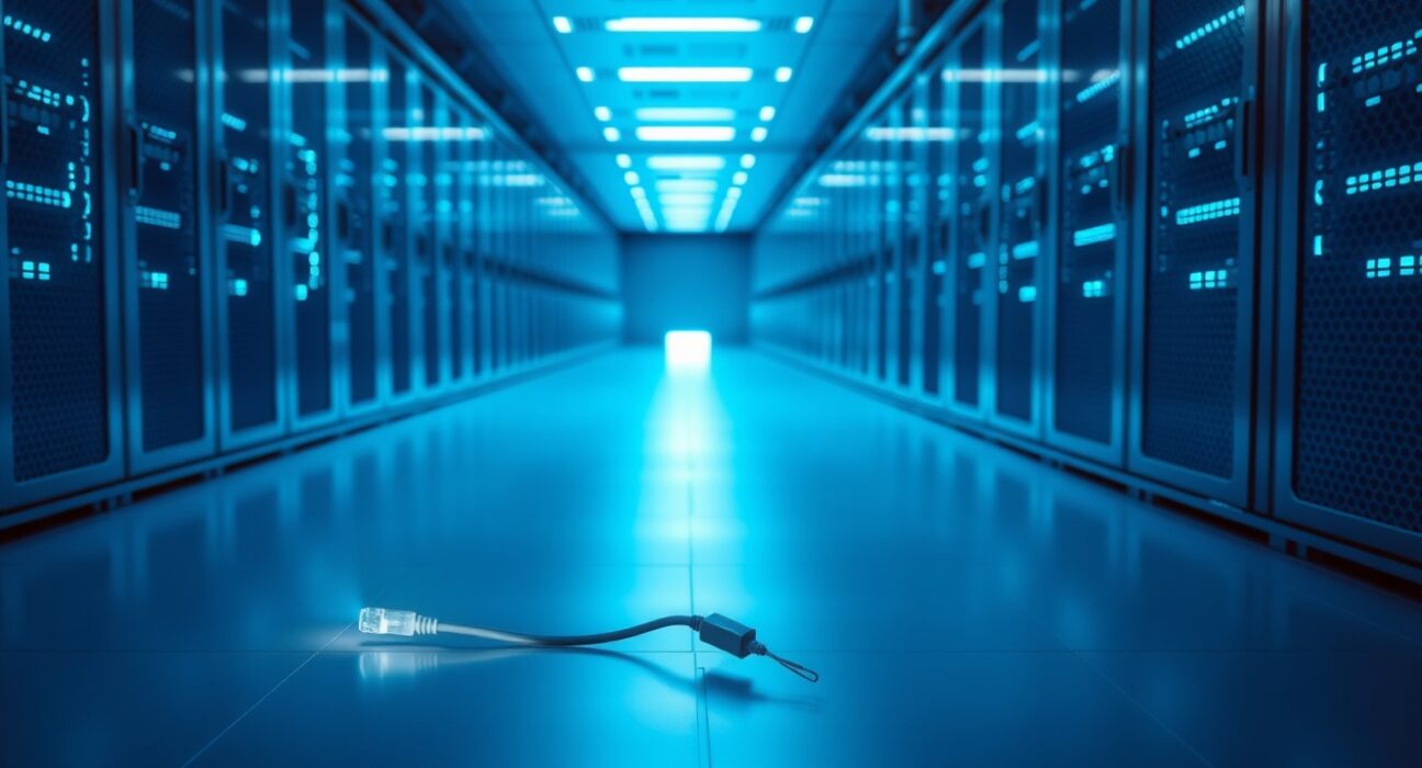 Inside a modern data center with blue LED lighting and rows of server racks, symbolizing AI infrastructure and regulation debates.