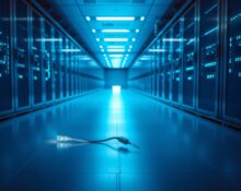 Inside a modern data center with blue LED lighting and rows of server racks, symbolizing AI infrastructure and regulation debates.