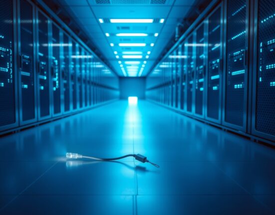 Inside a modern data center with blue LED lighting and rows of server racks, symbolizing AI infrastructure and regulation debates.