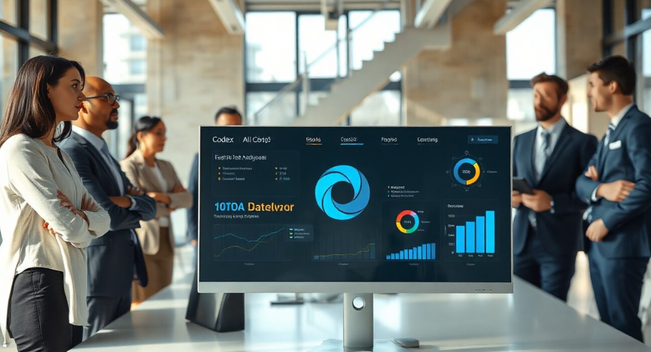 Professionals collaborating in a modern office with an AI dashboard on a computer screen.