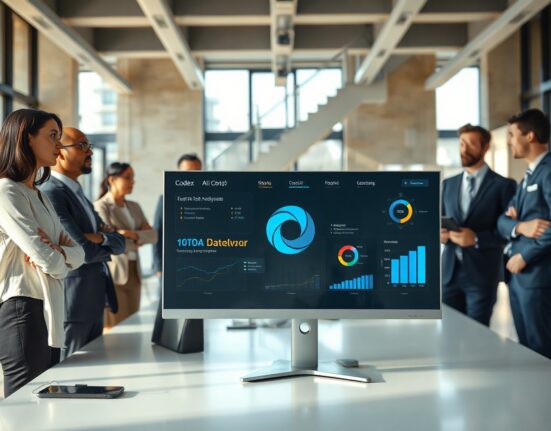 Professionals collaborating in a modern office with an AI dashboard on a computer screen.