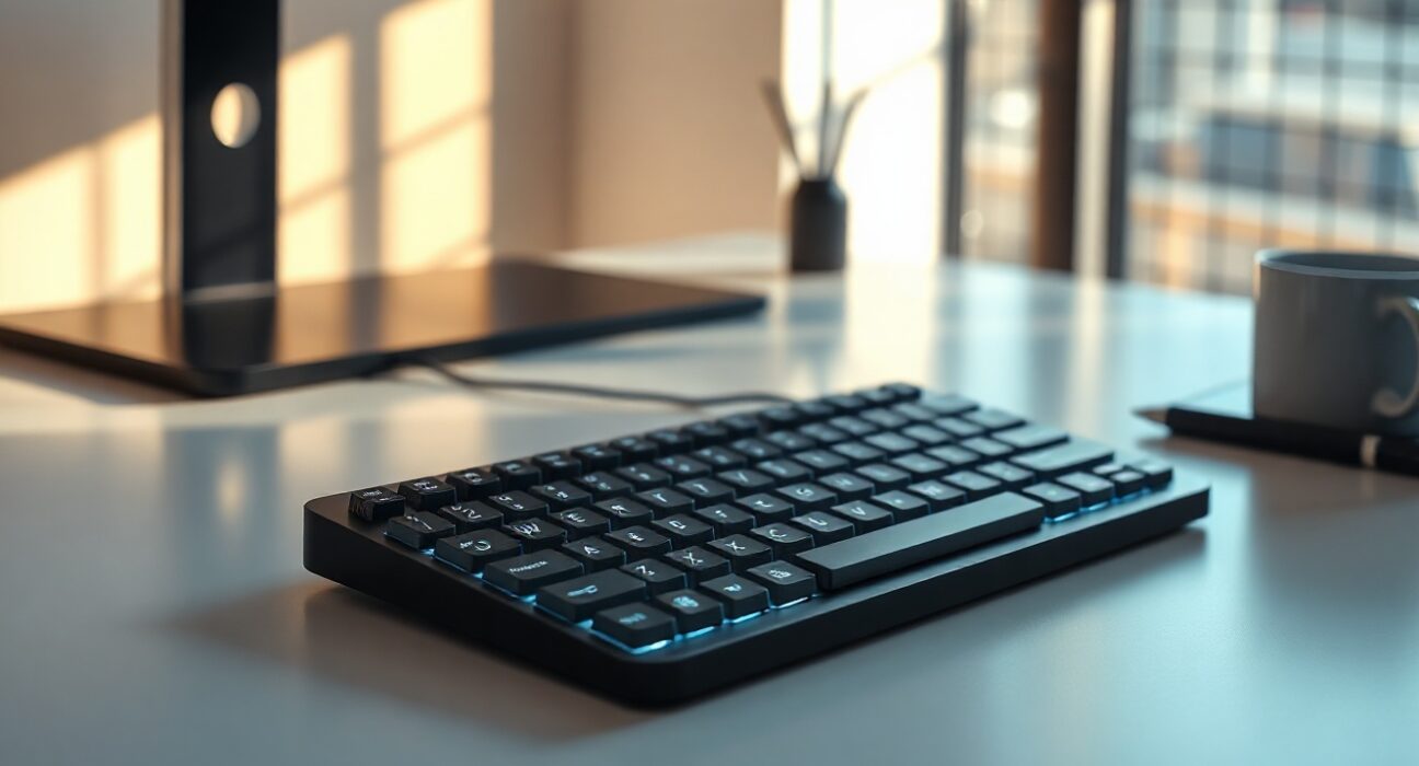 OpenAI Codex Micro keyboard on a modern desk with glowing keys and joystick