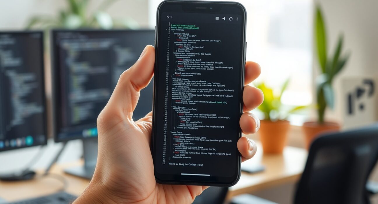 Developer holding a smartphone displaying a coding interface in a modern workspace