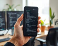 Developer holding a smartphone displaying a coding interface in a modern workspace