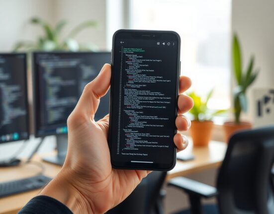 Developer holding a smartphone displaying a coding interface in a modern workspace