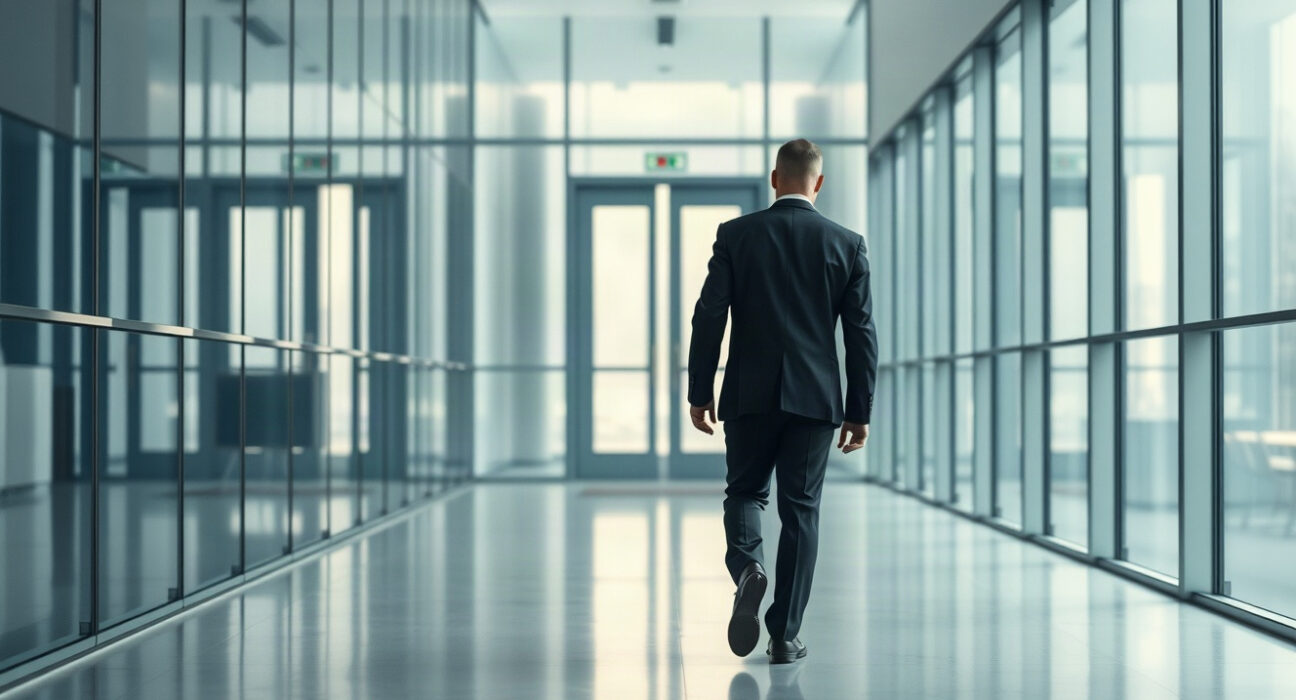 Executive walking away in a corporate corridor, symbolizing leadership departures at OpenAI