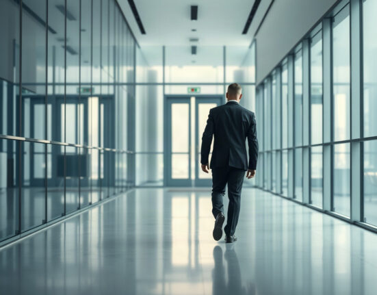 Executive walking away in a corporate corridor, symbolizing leadership departures at OpenAI