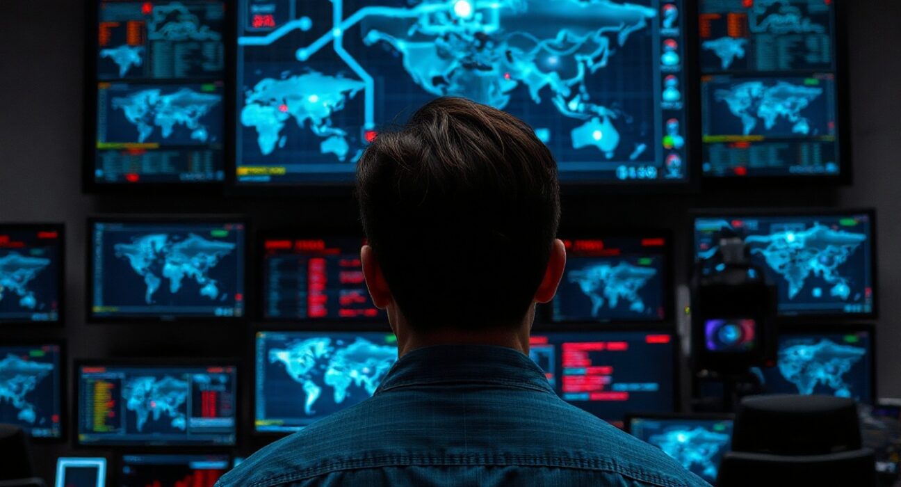 Cybersecurity analyst monitoring network threats on large screens in a dark operations center