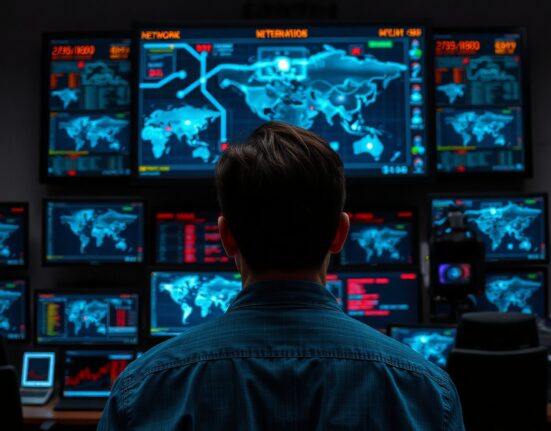 Cybersecurity analyst monitoring network threats on large screens in a dark operations center