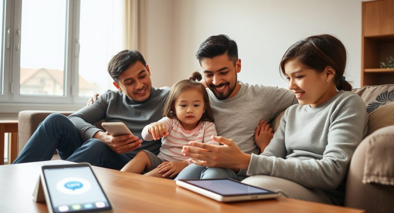 Family using ChatGPT on a tablet and smartphone in a living room