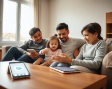 Family using ChatGPT on a tablet and smartphone in a living room