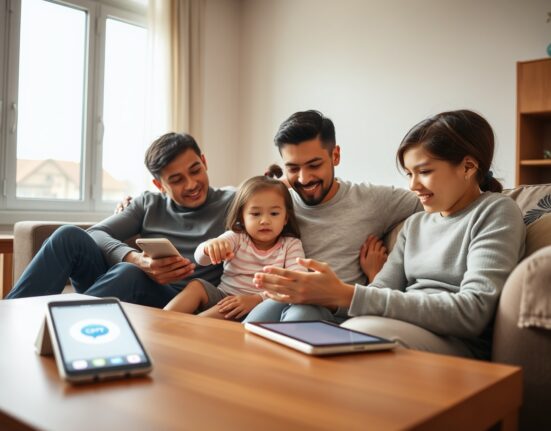 Family using ChatGPT on a tablet and smartphone in a living room