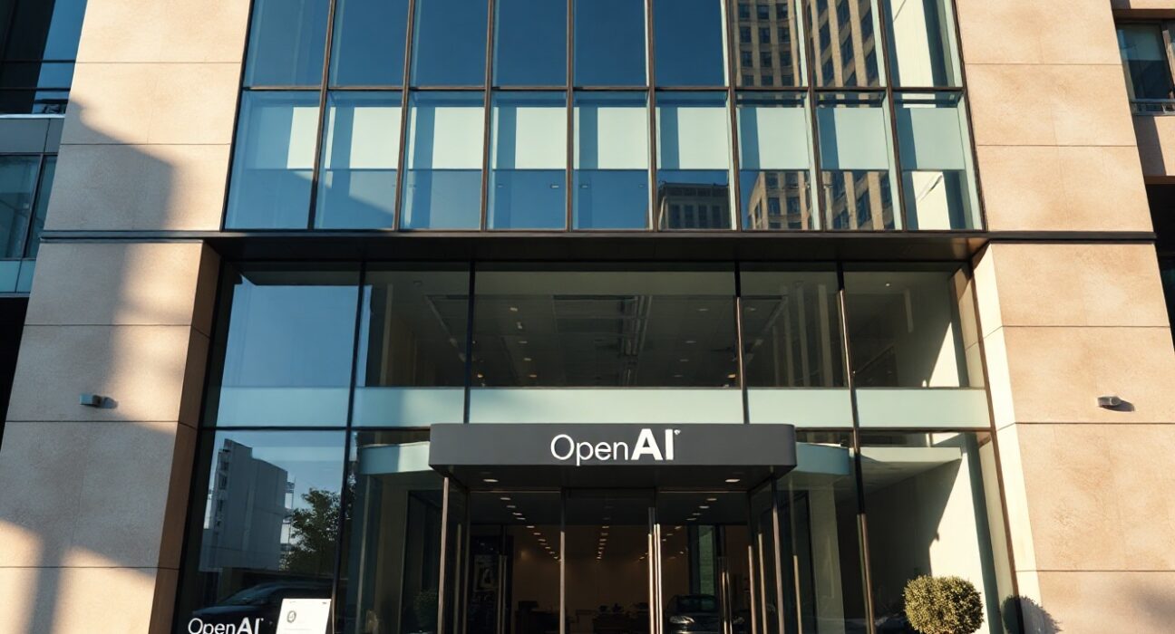 Exterior of a modern corporate office building with an OpenAI sign, representing the company's IPO filing.