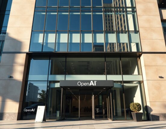 Exterior of a modern corporate office building with an OpenAI sign, representing the company's IPO filing.