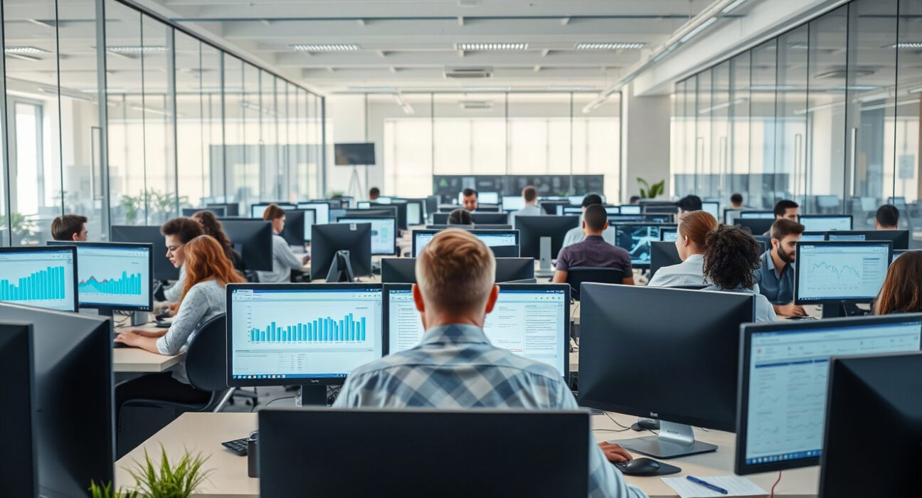Professionals working in a modern office with AI and data analytics dashboards on screens