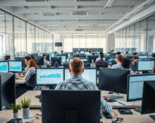 Professionals working in a modern office with AI and data analytics dashboards on screens
