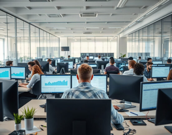 Professionals working in a modern office with AI and data analytics dashboards on screens