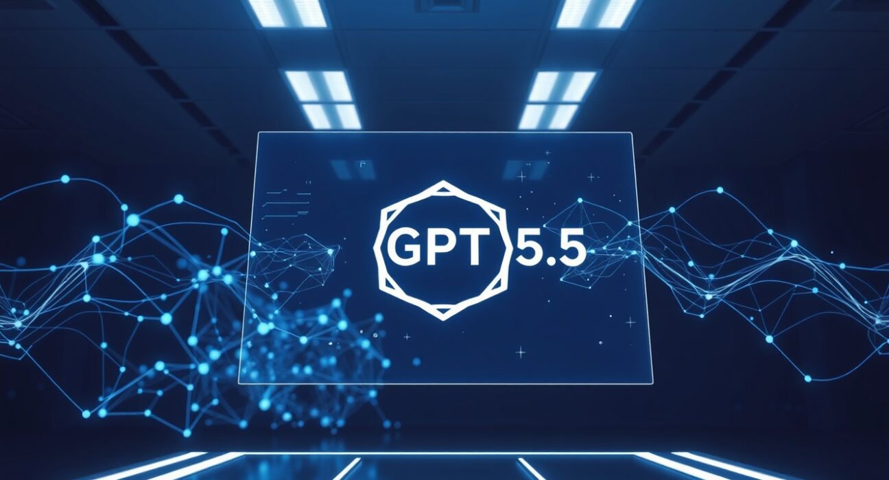 OpenAI GPT-5.5 logo displayed on a futuristic holographic interface in a tech lab, symbolizing the latest AI model release.