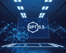 OpenAI GPT-5.5 logo displayed on a futuristic holographic interface in a tech lab, symbolizing the latest AI model release.