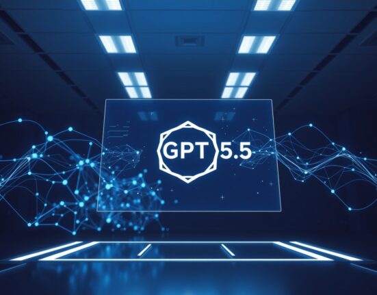OpenAI GPT-5.5 logo displayed on a futuristic holographic interface in a tech lab, symbolizing the latest AI model release.