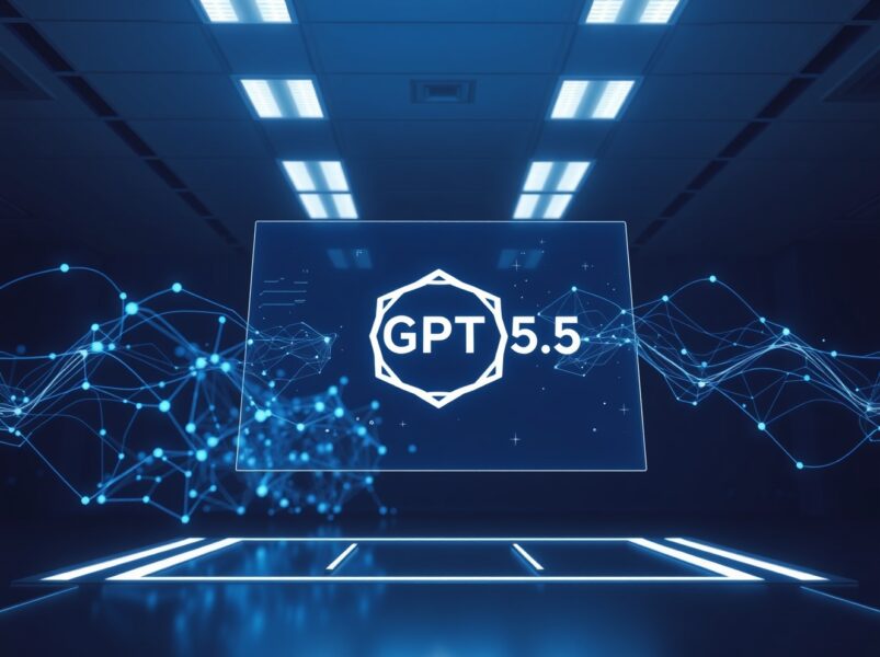 OpenAI GPT-5.5 logo displayed on a futuristic holographic interface in a tech lab, symbolizing the latest AI model release.