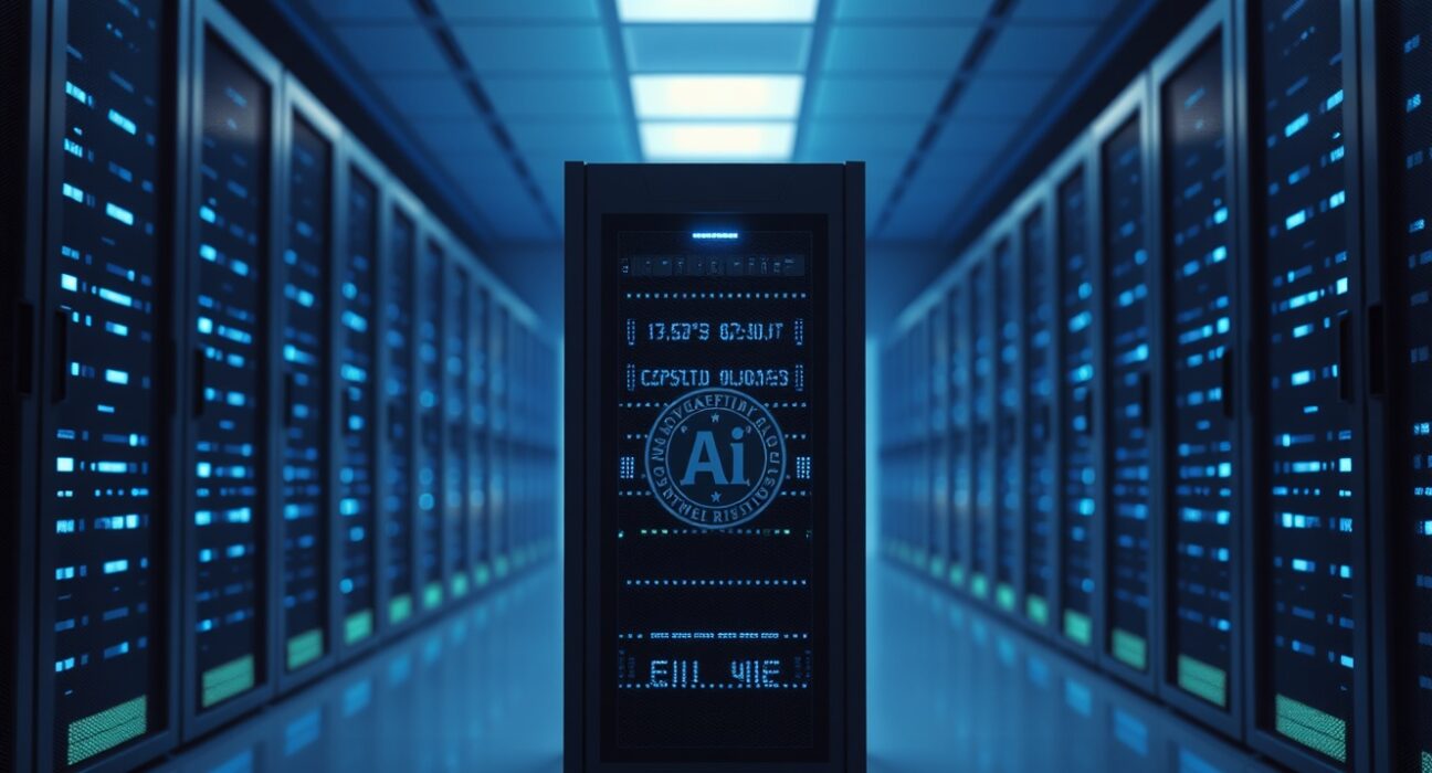 Glowing blue server racks in a data center representing OpenAI's restricted GPT-5.6 AI model deployment