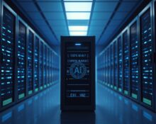 Glowing blue server racks in a data center representing OpenAI's restricted GPT-5.6 AI model deployment