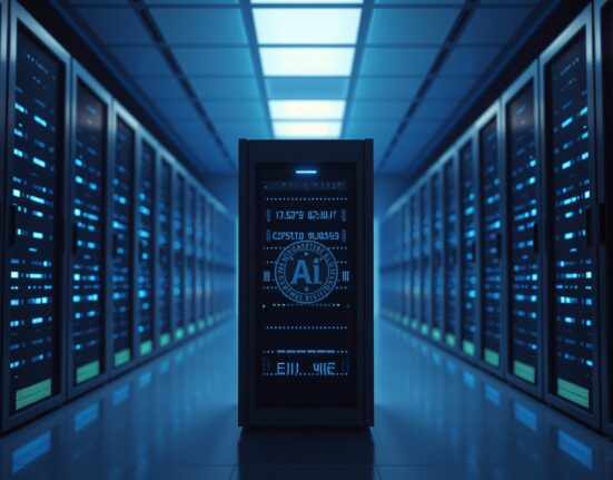 Glowing blue server racks in a data center representing OpenAI's restricted GPT-5.6 AI model deployment