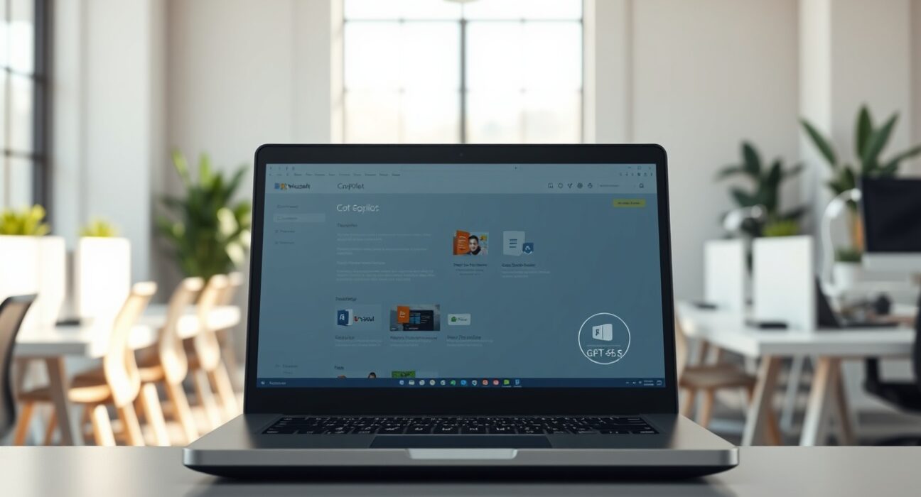 Laptop displaying Microsoft 365 Copilot interface with GPT-5.6 integration in a bright office setting.