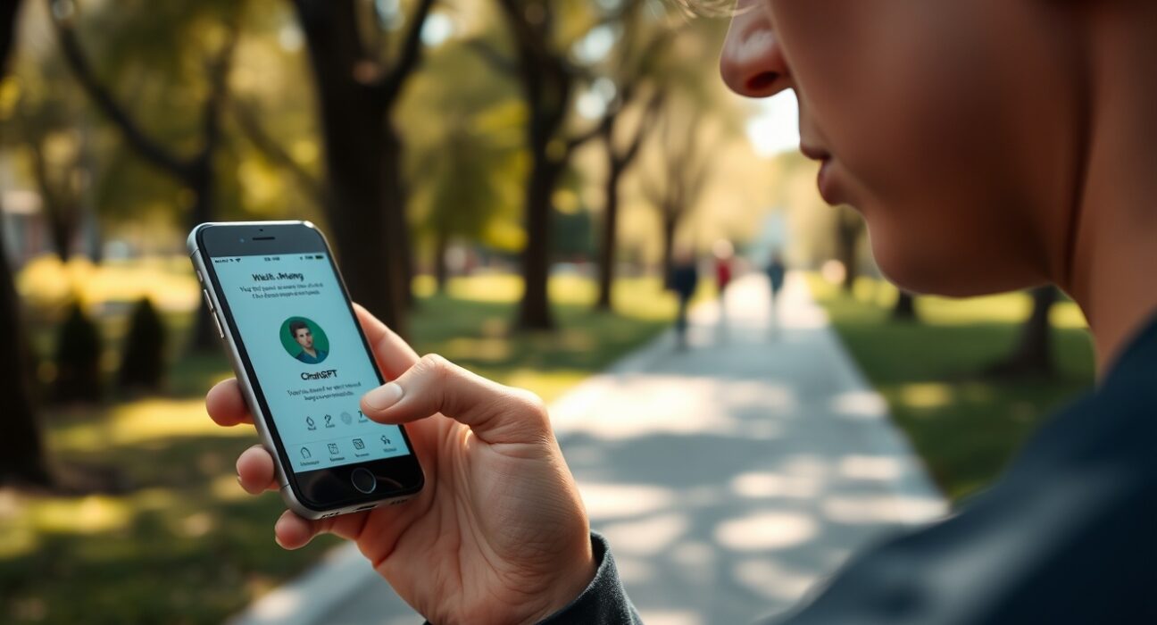 Person using ChatGPT voice mode on smartphone outdoors in a park